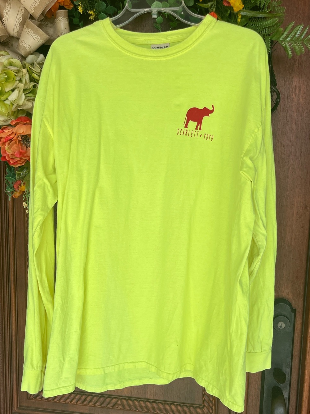 Neon Yellow Long Sleeve Comfort Colors Cotton Shirt with Red Elephant Logo